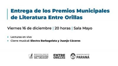 Invitan a la entrega de los Premios Municipales de Literatura Entre Orillas